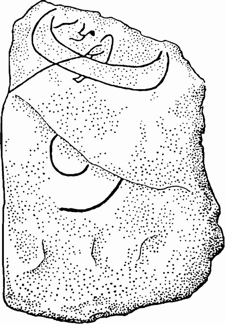 Рис. 27. Камень из Хёрдум Ти, Дания, на котором изображен Тор, ловящий на удочку чудовище (по Брёнстеду)