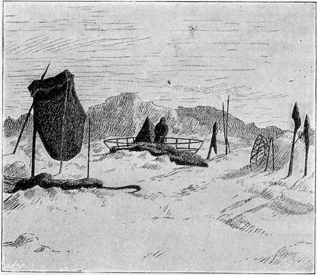 Починка каяков; сушка спального мешка. Рис. Г. Эгедиуса, по фотографии снятой 4 Июня 1895 г.