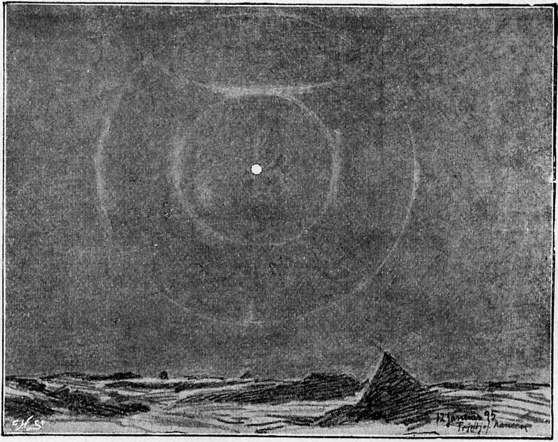 Лунные кольца, виденные 12 января 1895 г. Набросок карандашом