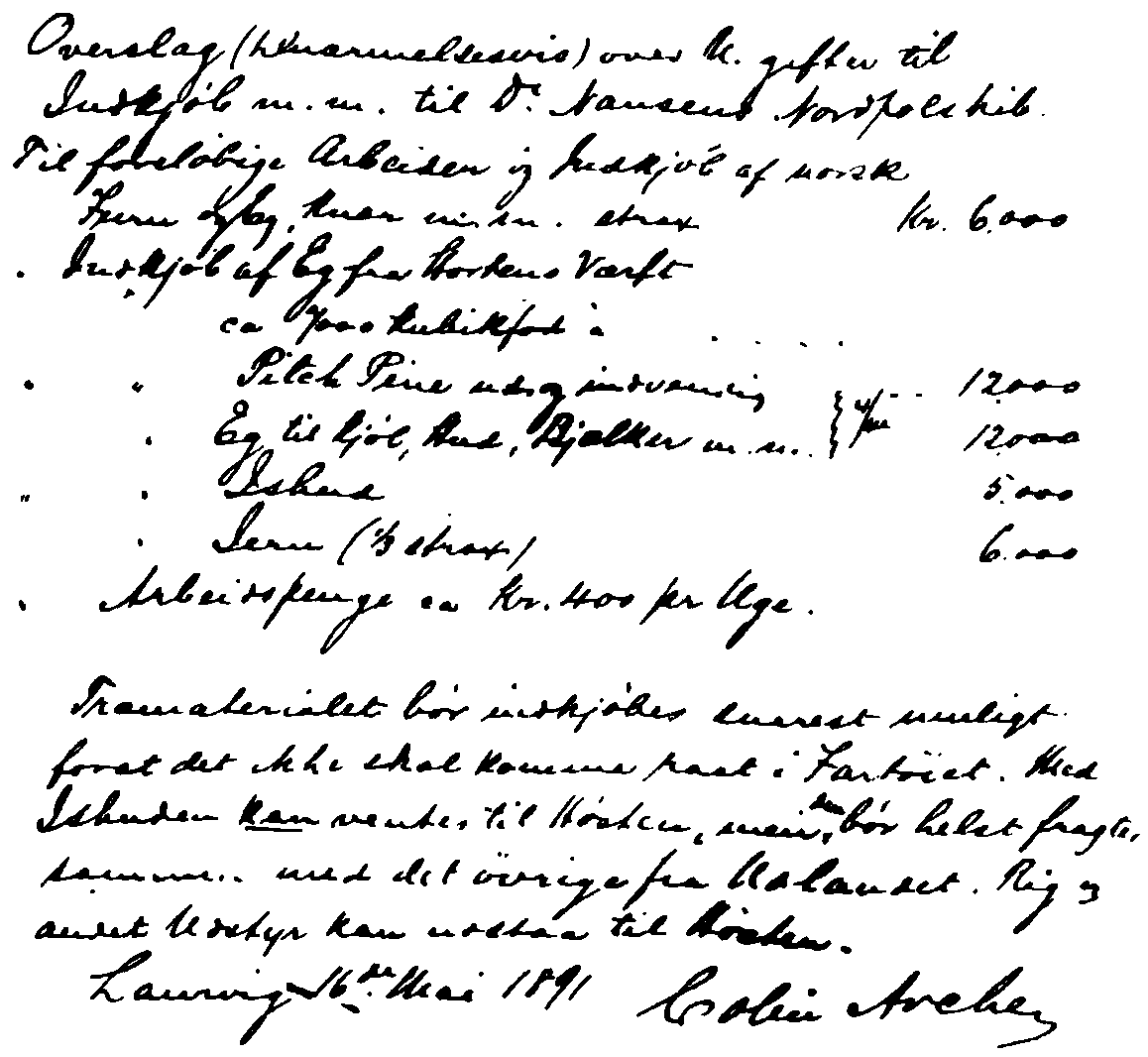 Первая прикидочная смета расходов на материалы для «Фрама», составленная Колином Арчером. Письмо от 16.05.1891