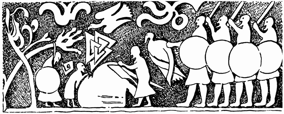 Изображение на камне, Готланд. Слева направо: человеческая жертва, алтарь со жрецами, воины (первый слева держит в руках связанную птицу, предназначенную для принесения в жертву)