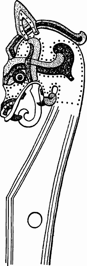 Рис. 31. Резное изображение головы животного с фронтона навеса Токстадского корабля. Максимальная ширина 38 см