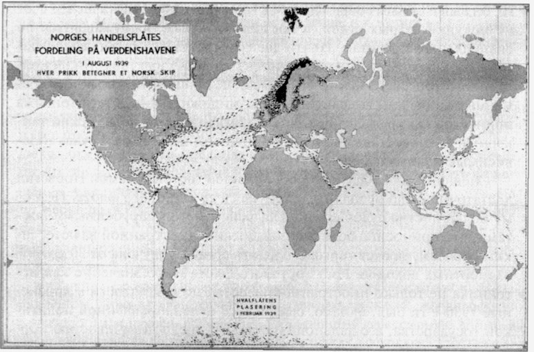 Эта карта в самый канун войны появилась в одной из публикаций Норвежской ассоциации судовладельцев. Чтобы продемонстрировать общественности все значение торгового флота страны, на карте зафиксировано местоположение всех норвежских торговых судов на август 1939 г. Каждая точка обозначает один корабль