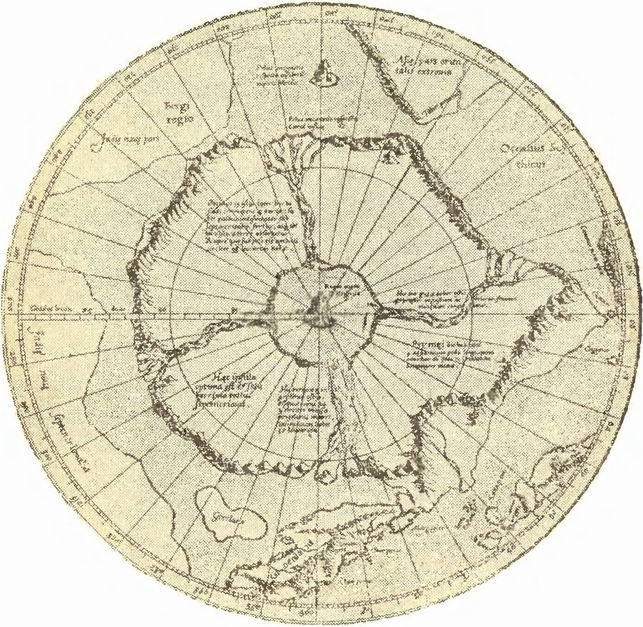 Область Северного полюса — карта Меркатора, 1569 г., составленная по сведениям экспедиции, предпринятой английским монахом и астрономом в 1360 г. из Аустербюгдена. Это, вероятно, монах Николай из Линна