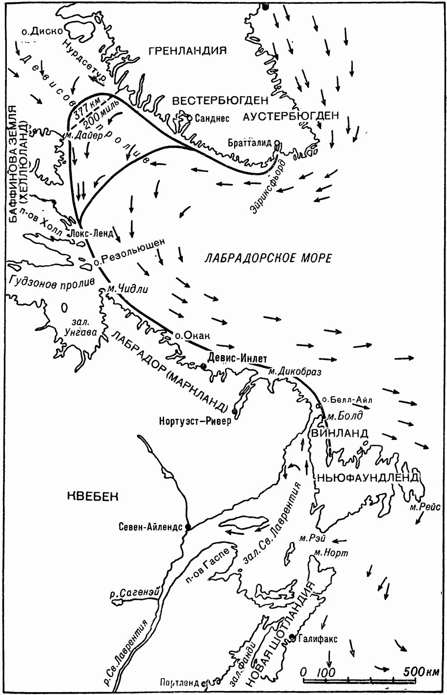 Предполагаемый маршрут (сплошная линия), которым Лейв Эйрикссон и другие винландцы ходили из норманнских поселении Гренландии в Винланд