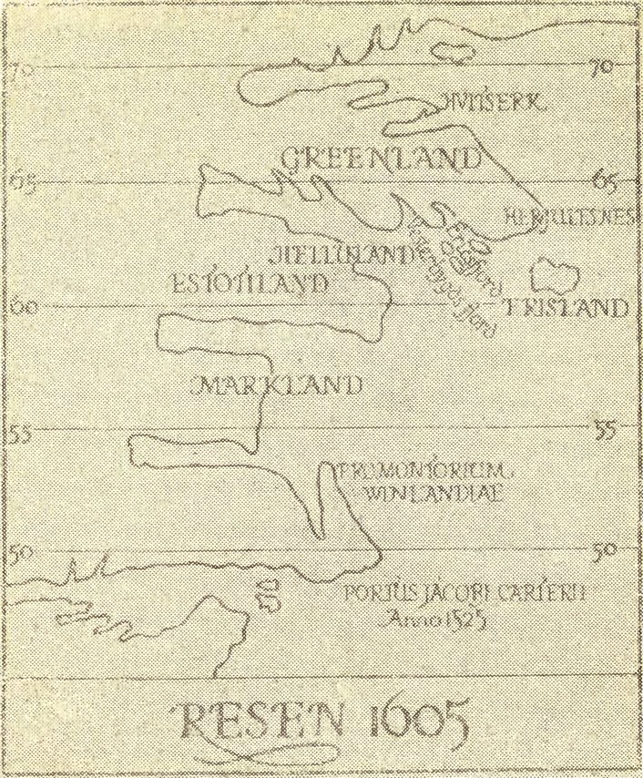 Карта северных областей Ханса Поульсена Резена начерчена в 1605 г. Как и на Сколхолтской и Венгерской картах, на длинном мысу есть надпись «Promontorium Winlandiae». Эта карта — перерисовка. (Копенгаген, Королевская библиотека)