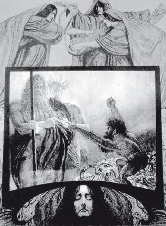 Фридрих фон Штассен. Золото Андвари (1914 г.). Вверху изображены норны, прядущие нить судьбы, внизу — хозяйка преисподней Хель