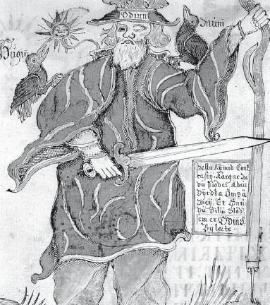 Один и его вороны — Хугин (слева) и Мунин. Иллюстрация к «Младшей Эдде» (1760 г.)