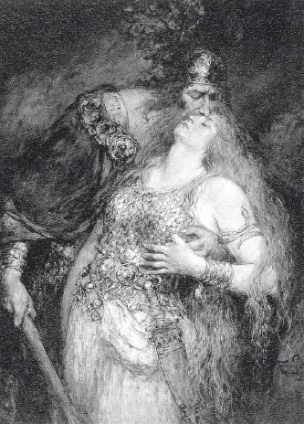 Ф. Лееке. Прощание Одина (ок. 1875 г.). Один перед схваткой обнимает свою супругу Фригг