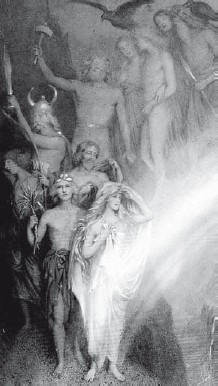 Уильям Коллингвуд. Сошествие северных богов (ок. 1890 г.). Первыми по радужному мосту спус — каются близнецы Фрейр и Фрейя, их отец Ньерд, за ними в крылатом шлеме — Один, дальше Тор, Бальдр с Нанной, за ними Хеймдалль