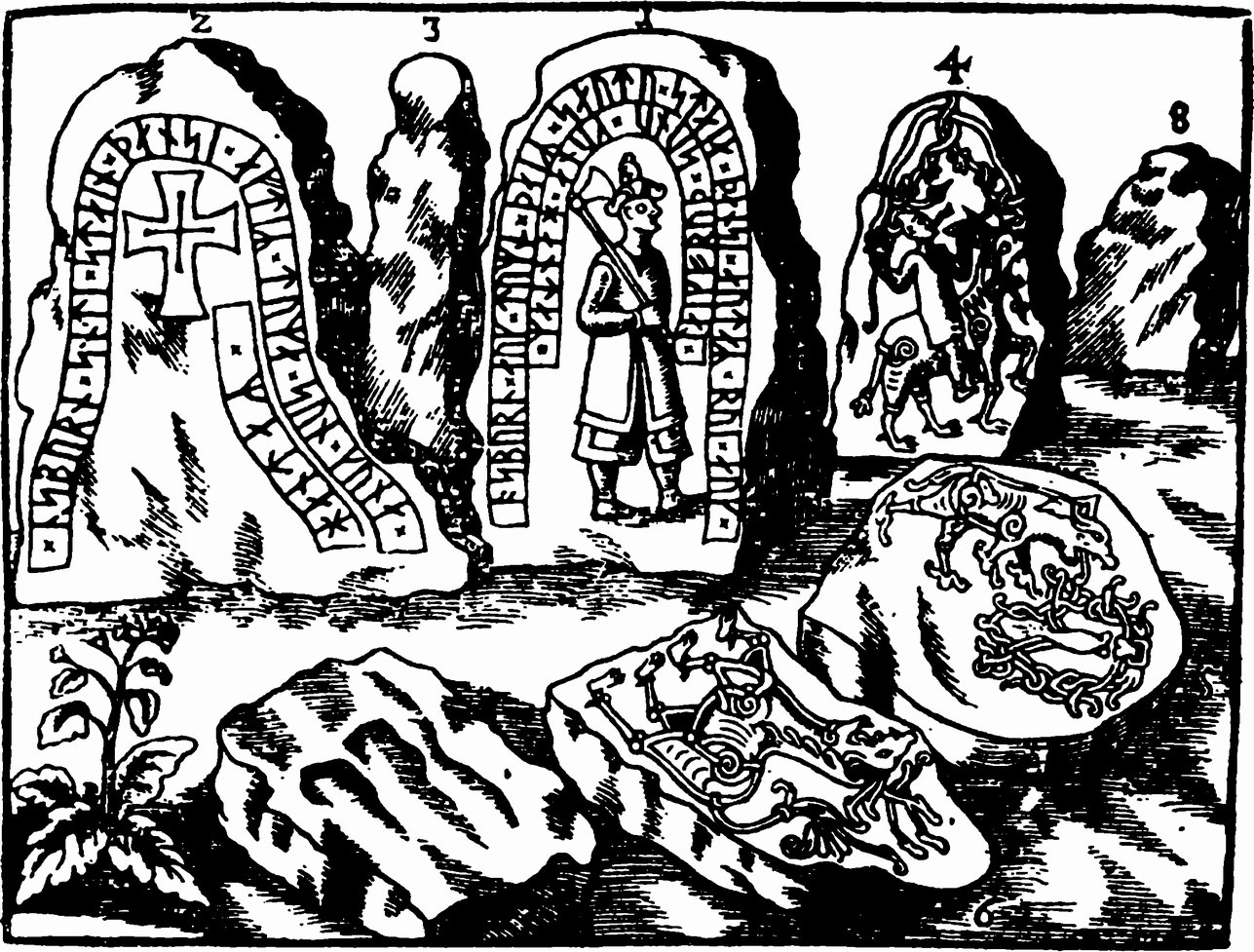 Рис 10. Камни с резными изображениями и руническими надписями в Сконе (Оле Ворм)