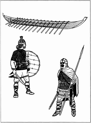 Рис. 2. «Кииле» — беспарусное боевое судно англов, ютов и саксов в V—VI вв. Воин-англ (Британия, VI—VII вв.). Свеонский воин высокого ранга (Свеаланд, VII в.)