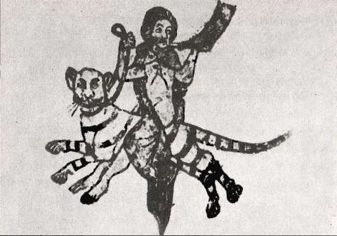 Подобно другим ванам, Фрейя передвигается на колеснице, в нее запряжены кошки — животные, обычные для ближневосточных богинь любви, но непривычные для скандинавского Севера. Роспись церкви в Шлезвиге. XII век. Здесь изображена Фрейя в облике ведьмы верхом на коте
