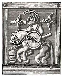 Всадник, которого сопровождают два ворона, изображен на серебряной пластине, украшавшей шлем шведского вождя в VIII веке. Считалось, что появление двух воронов знаменует для увидевшего их грядущую победу в битве