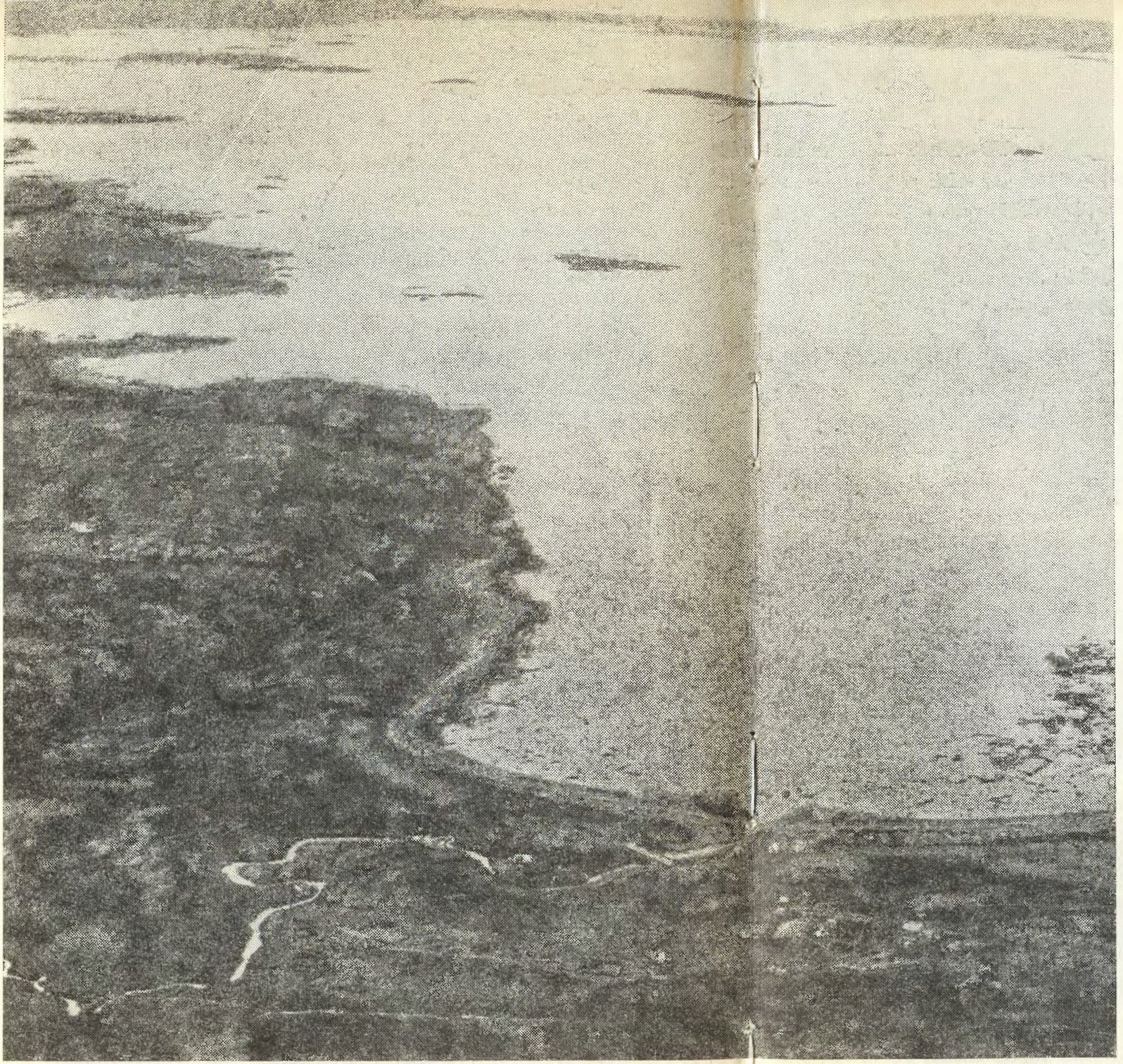 Аэрофото норманнского поселения в Ланс-о-Мидоузе на крайнем севере Ньюфаундленда. Автор открыл его в 1960 г.: четыре года продолжались археологические раскопки. Важнейшие раскопы накрыты павильонами. Самый большой раскоп — крайний справа, за рекой в павильоне находятся остатки кузницы. Равнина и рыбачий поселок расположены правее, их не видно на снимке
