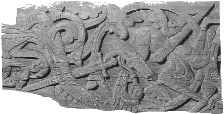 Сигурд убивает дракона Фафнира. Деталь деревянной резьбы XIII в. на воротах церкви Хюлестад (Норвегия)