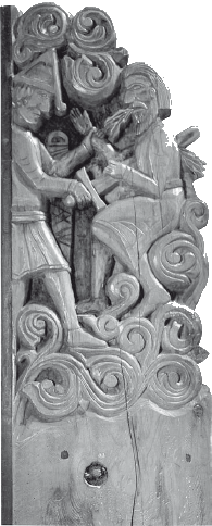 Сигурд убивает своего наставника Регина. Деталь деревянной резьбы XIII в. Из церкви Старкирба (Норвегия)